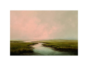 Misty estuary landscape art for calm modern bedroom decor