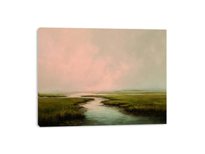 Misty estuary landscape art for calm modern bedroom decor