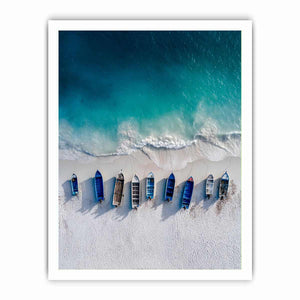 Aerial coastal boats and shoreline photography for modern beach house decor
