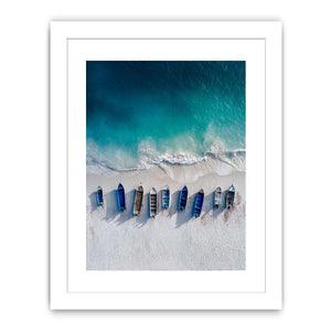 Aerial coastal boats and shoreline photography for modern beach house decor