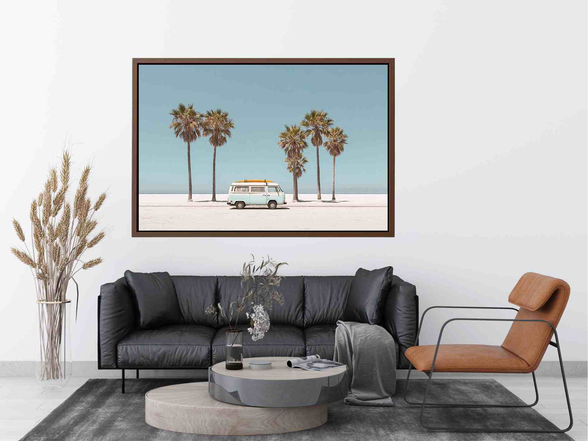 Vintage beach van and palm trees photography for coastal living room decor