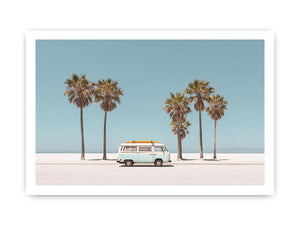 Vintage beach van and palm trees photography for coastal living room decor