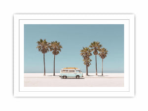 Vintage beach van and palm trees photography for coastal living room decor
