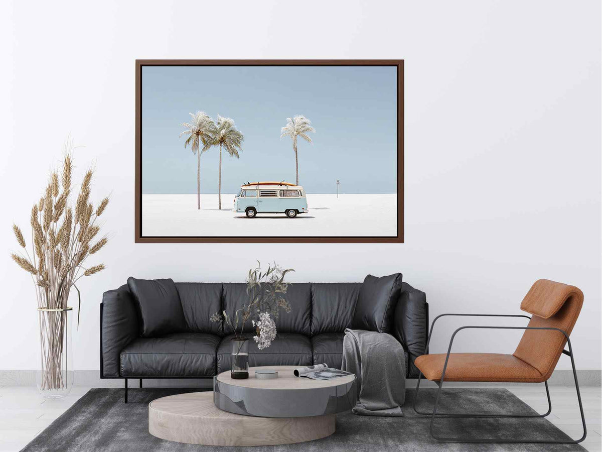 Minimal coastal van photography with palm trees for modern beach house decor