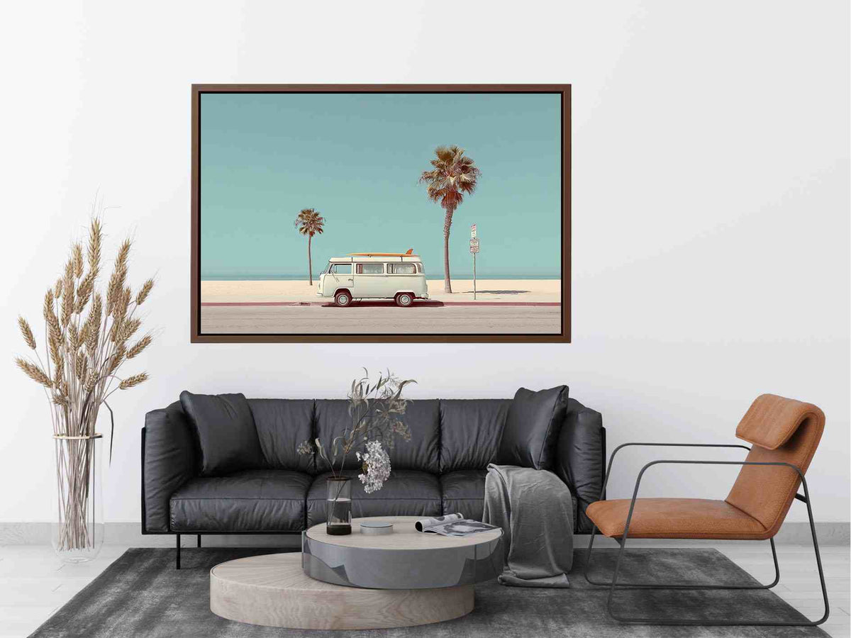 Vintage surf van coastal photography for beach house and living room decor