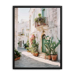Sunlit Mediterranean Lane coastal artwork for modern living room decor