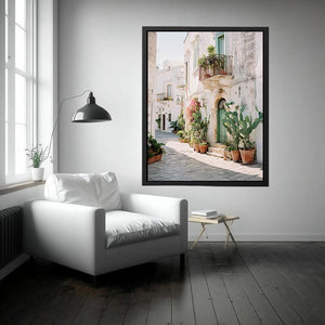 Sunlit Mediterranean Lane coastal artwork for modern living room decor
