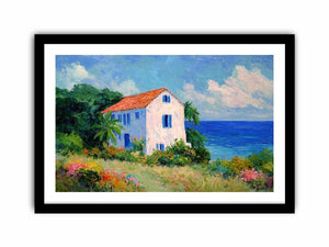 Seaside cottage with flowers artwork for elegant living room decor