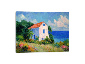 Seaside cottage with flowers artwork for elegant living room decor