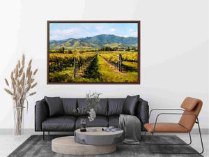 Vineyard and mountains artwork for elegant living room decor