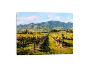 Vineyard and mountains artwork for elegant living room decor