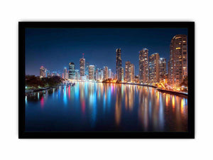 City skyline reflections night artwork for elegant living room decor