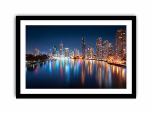 City skyline reflections night artwork for elegant living room decor