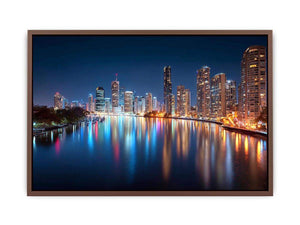 City skyline reflections night artwork for elegant living room decor