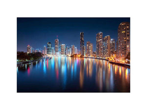 City skyline reflections night artwork for elegant living room decor