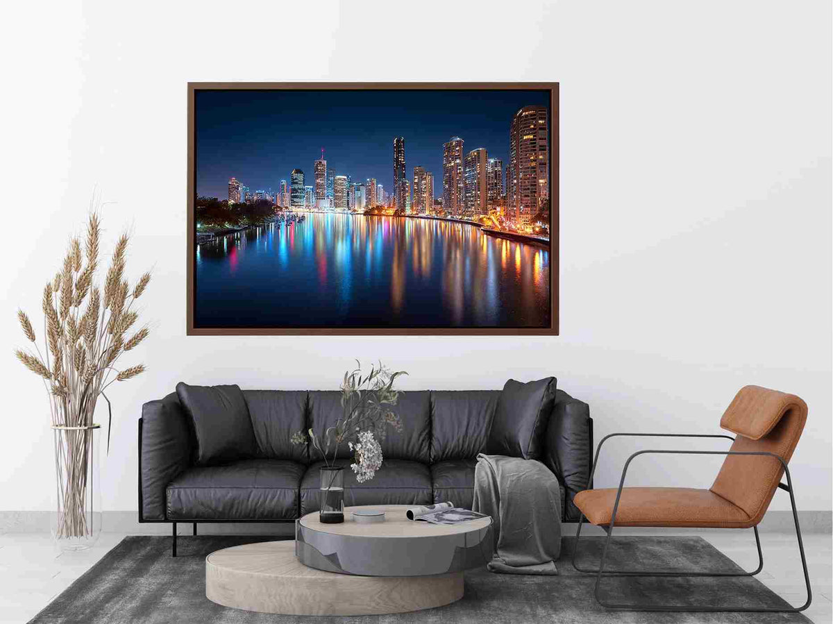 City skyline reflections night artwork for elegant living room decor