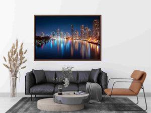 City skyline reflections night artwork for elegant living room decor