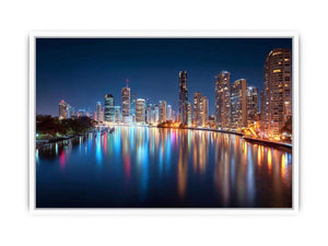 City skyline reflections night artwork for elegant living room decor
