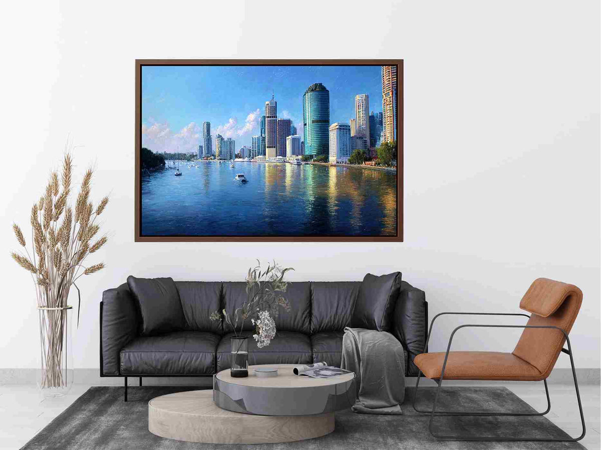 Modern riverside skyline day artwork for elegant living room decor