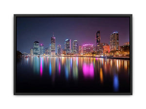 Night city skyline canvas art with neon river reflections for modern living room decor.