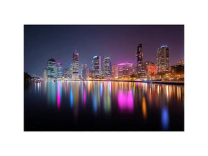 Night city skyline canvas art with neon river reflections for modern living room decor.