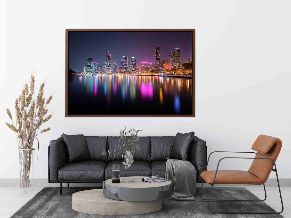 Night city skyline canvas art with neon river reflections for modern living room decor.