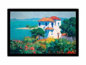 Mediterranean villa canvas art with flowers and turquoise sea for elegant home decor.