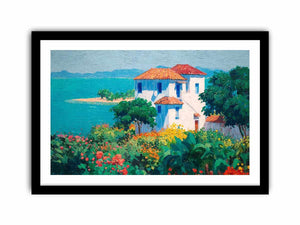 Mediterranean villa canvas art with flowers and turquoise sea for elegant home decor.
