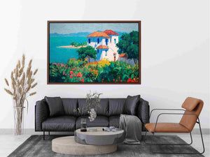 Mediterranean villa canvas art with flowers and turquoise sea for elegant home decor.