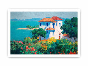 Mediterranean villa canvas art with flowers and turquoise sea for elegant home decor.