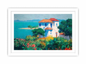 Mediterranean villa canvas art with flowers and turquoise sea for elegant home decor.