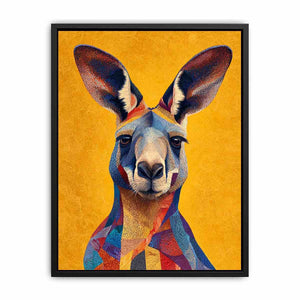 Colourful kangaroo portrait canvas art for bold Australian modern home decor.