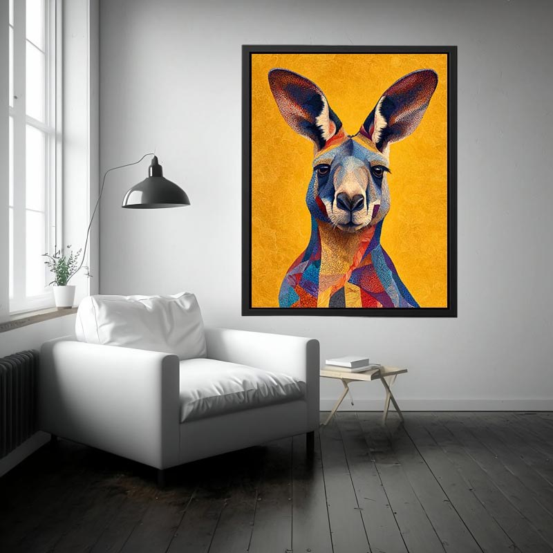 Colourful kangaroo portrait canvas art for bold Australian modern home decor.