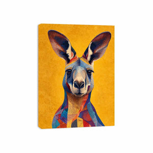 Colourful kangaroo portrait canvas art for bold Australian modern home decor.