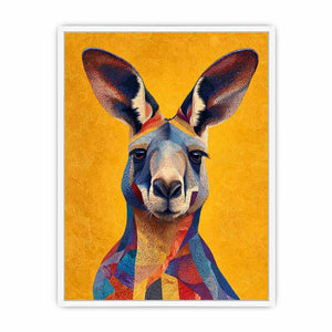 Colourful kangaroo portrait canvas art for bold Australian modern home decor.