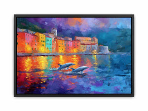 Colourful dolphin harbour canvas art with seaside reflections for coastal home decor.