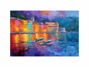 Colourful dolphin harbour canvas art with seaside reflections for coastal home decor.