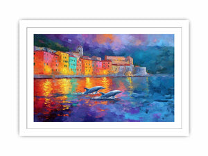 Colourful dolphin harbour canvas art with seaside reflections for coastal home decor.