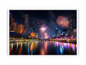 Fireworks over city skyline canvas art with river reflections for modern interiors.