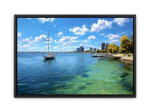Blue coastal harbour canvas art with sailboats for airy modern home decor.