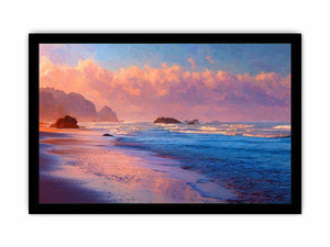 Pastel beach canvas art with ocean waves and glowing clouds for calm bedroom decor.