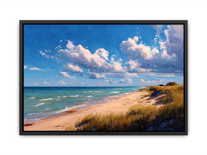 Coastal dune canvas art with beach grass and clouds for relaxed living room decor.