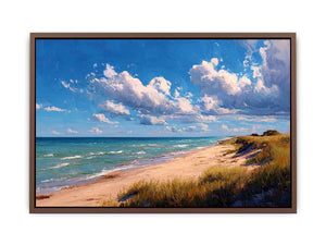 Coastal dune canvas art with beach grass and clouds for relaxed living room decor.