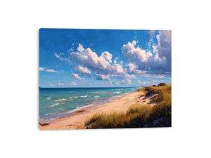 Coastal dune canvas art with beach grass and clouds for relaxed living room decor.