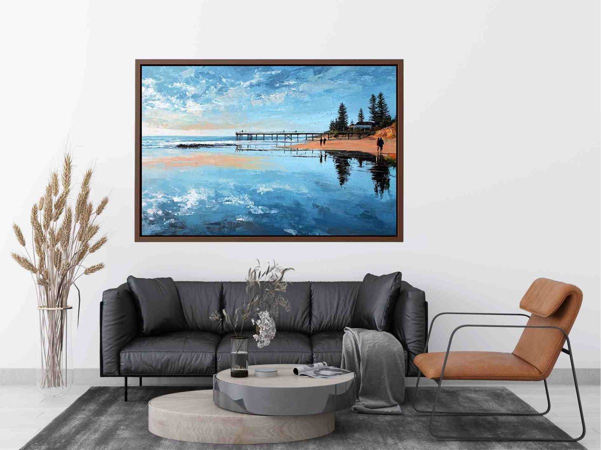 Coastal pier canvas art with beach reflections for calm modern living room decor.