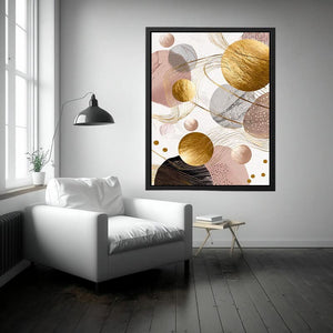 Blush and gold abstract canvas art with circles for elegant bedroom decor.