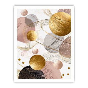 Blush and gold abstract canvas art with circles for elegant bedroom decor.