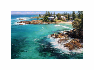 Turquoise coastal cove canvas art with rocky shoreline for modern living room decor.