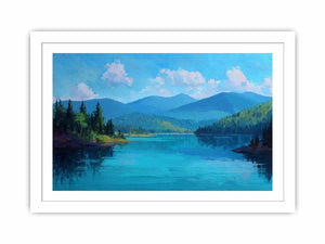 Serene blue mountain lake canvas art for bedroom or modern living room decor.