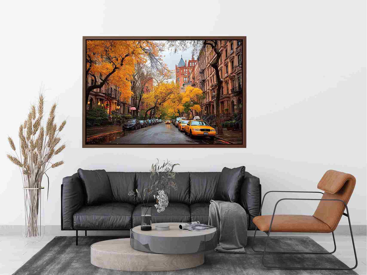 Autumn city street canvas art with yellow taxis and brownstone buildings for office decor.